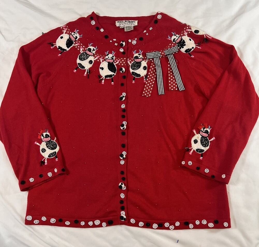 Dancing Cows Cardigan Size L Red Whimsical Beaded Sequin Embellished Vintage VTG